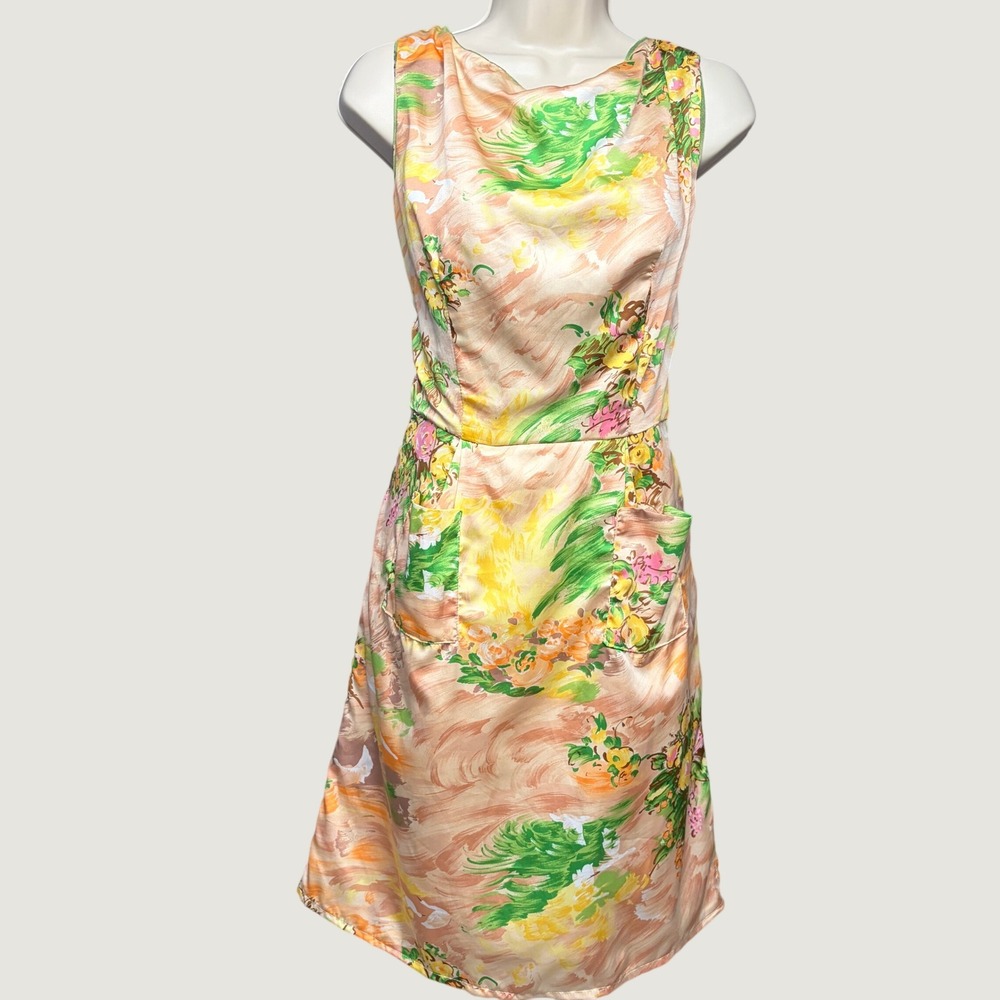 Liz Alig Dress Womens L Satin Peach Floral Recycled Handmade Pockets Cowl Neck